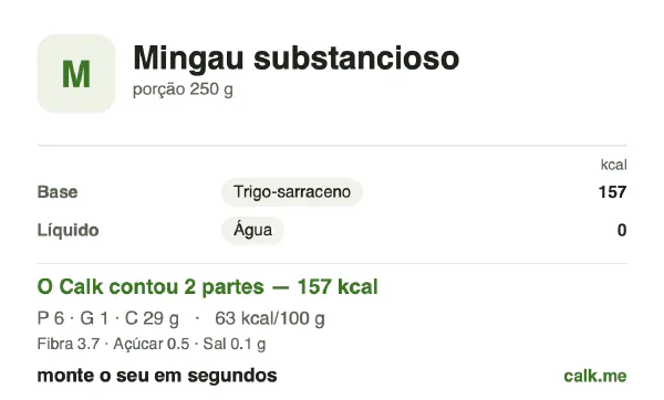 Cartão do Calk para a versão menos calórica de Mingau reforçado: 63 kcal por 100 g, proteína/gordura/carboidratos 16/6/78