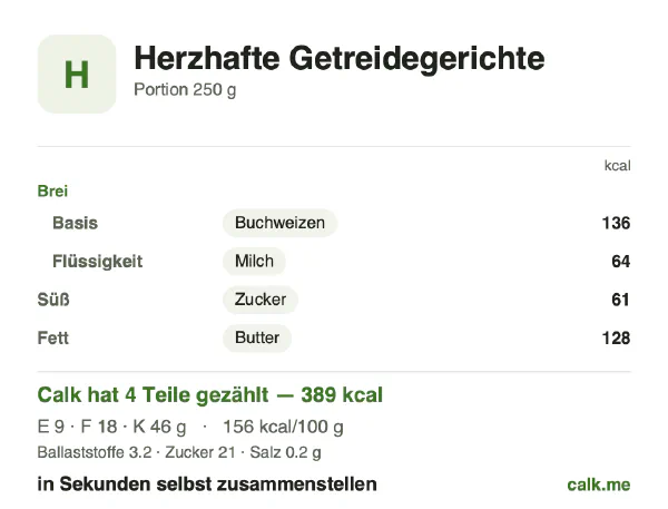 Calk-Karte für die kalorienreichere Variante von Sättigender Porridge: 156 kcal pro 100 g, Eiweiß/Fett/Kohlenhydrate 9/43/48