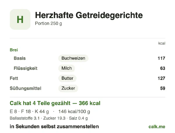 Calk-Karte für die kalorienreichere Variante von Sättigender Porridge: 146 kcal pro 100 g, Eiweiß/Fett/Kohlenhydrate 8/45/47