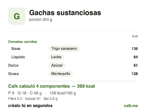 Tarjeta de Calk, versión más calórica de Porridge completo: 156 kcal por 100 g, proteínas/grasas/carbohidratos 9/43/48