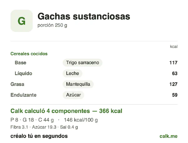 Tarjeta de Calk, versión más calórica de Porridge completo: 146 kcal por 100 g, proteínas/grasas/carbohidratos 8/45/47