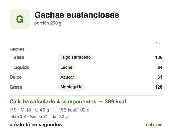 Ficha de Calk, versión más calórica de Gachas completas: 156 kcal por 100 g, proteínas/grasas/hidratos 9/43/48
