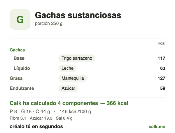 Ficha de Calk, versión más calórica de Gachas completas: 146 kcal por 100 g, proteínas/grasas/hidratos 8/45/47