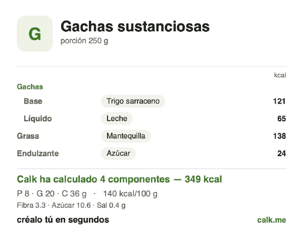 Ficha de Calk, versión más calórica de Gachas completas: 140 kcal por 100 g, proteínas/grasas/hidratos 9/50/41
