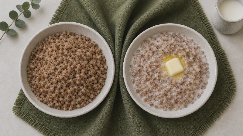 Buckwheat porridge: lower- and higher-calorie Calk versions side by side