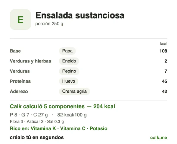 Tarjeta de Calk, versión menos calórica de Ensalada sustanciosa: 82 kcal por 100 g, proteínas/grasas/carbohidratos 15/32/53