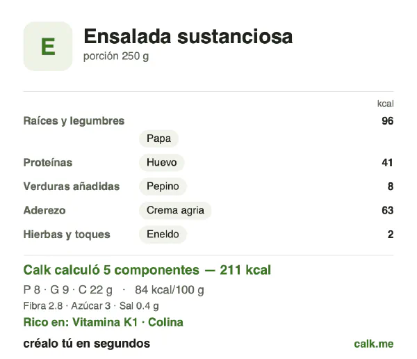 Tarjeta de Calk, versión menos calórica de Ensalada sustanciosa: 84 kcal por 100 g, proteínas/grasas/carbohidratos 15/40/44