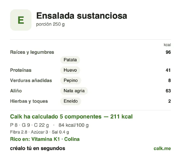 Ficha de Calk, versión menos calórica de Ensalada sustanciosa: 84 kcal por 100 g, proteínas/grasas/hidratos 15/40/44