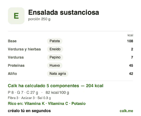 Ficha de Calk, versión menos calórica de Ensalada sustanciosa: 82 kcal por 100 g, proteínas/grasas/hidratos 15/32/53