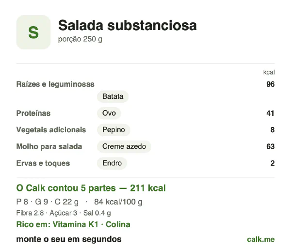 Cartão do Calk para a versão menos calórica de Salada substanciosa: 84 kcal por 100 g, proteína/gordura/carboidratos 15/40/44