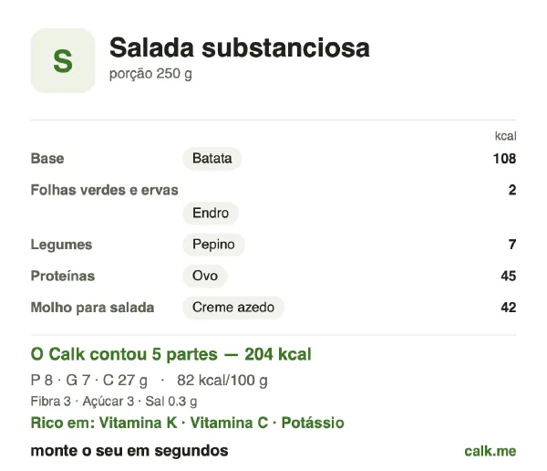 Cartão do Calk para a versão menos calórica de Salada substanciosa: 82 kcal por 100 g, proteína/gordura/carboidratos 15/32/53