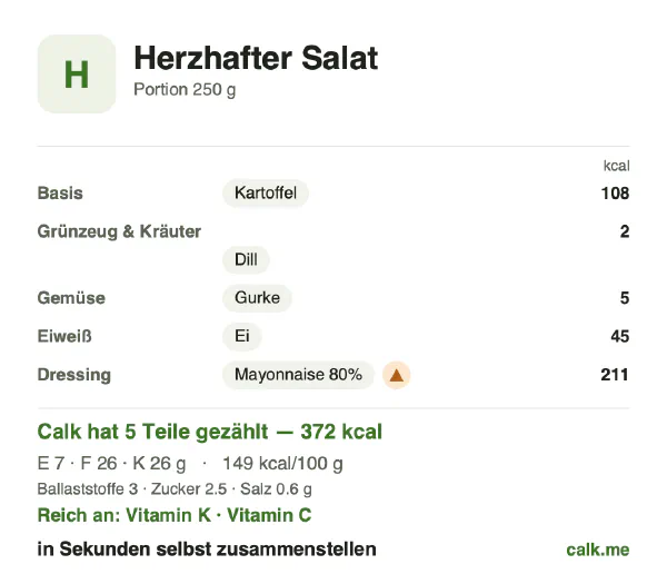 Calk-Karte für die kalorienreichere Variante von Herzhafter Salat: 149 kcal pro 100 g, Eiweiß/Fett/Kohlenhydrate 8/64/28