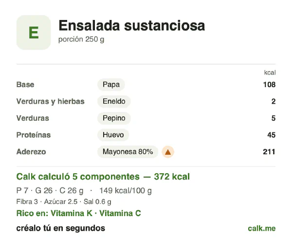 Tarjeta de Calk, versión más calórica de Ensalada sustanciosa: 149 kcal por 100 g, proteínas/grasas/carbohidratos 8/64/28