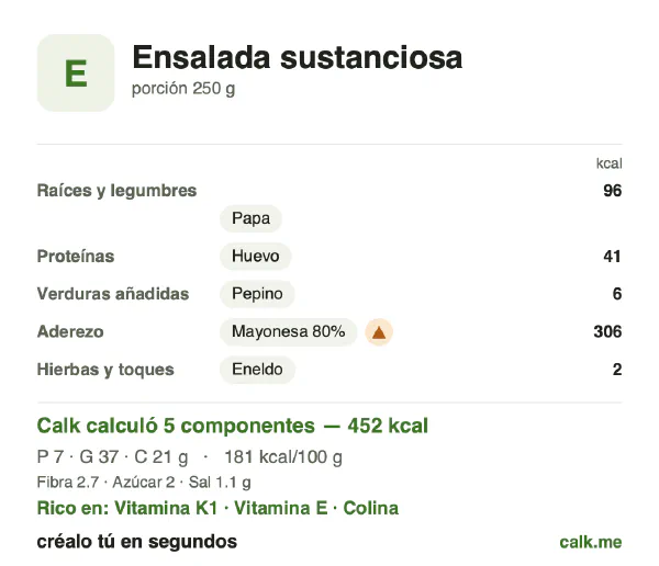 Tarjeta de Calk, versión más calórica de Ensalada sustanciosa: 181 kcal por 100 g, proteínas/grasas/carbohidratos 6/74/19