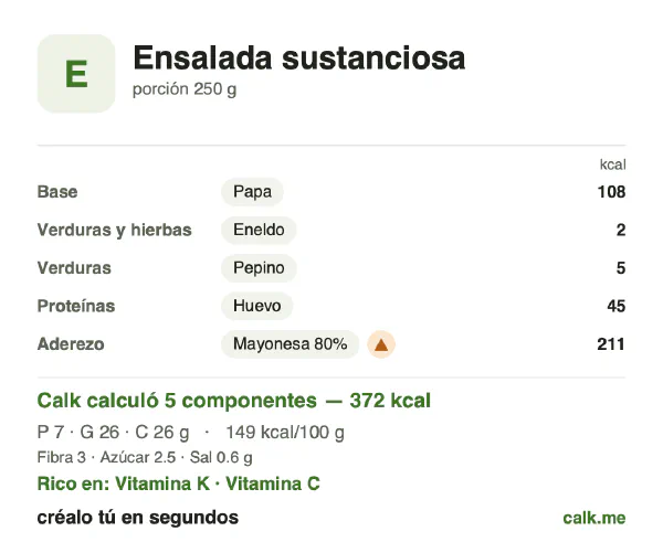 Tarjeta de Calk, versión más calórica de Ensalada sustanciosa: 149 kcal por 100 g, proteínas/grasas/carbohidratos 8/64/28