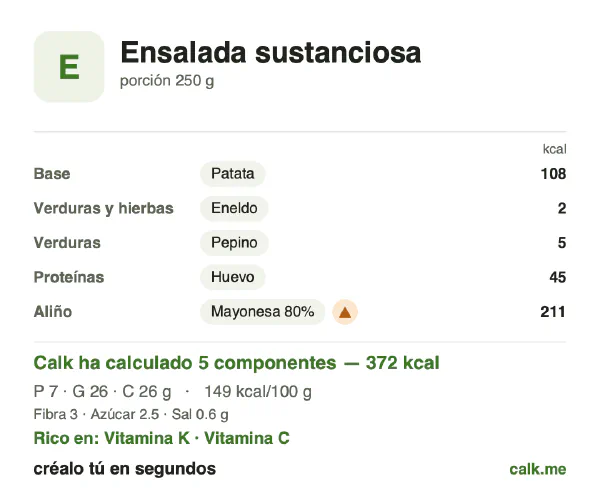 Ficha de Calk, versión más calórica de Ensalada sustanciosa: 149 kcal por 100 g, proteínas/grasas/hidratos 8/64/28