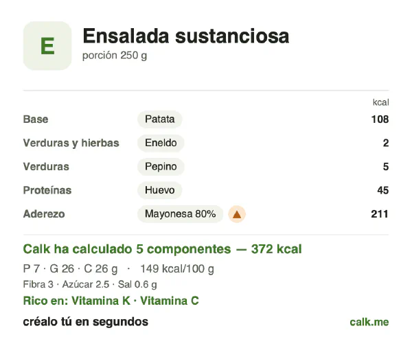 Ficha de Calk, versión más calórica de Ensalada sustanciosa: 149 kcal por 100 g, proteínas/grasas/hidratos 8/64/28