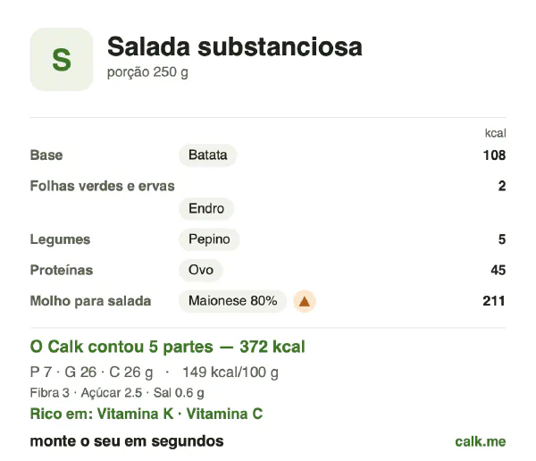 Cartão do Calk para a versão mais calórica de Salada substanciosa: 149 kcal por 100 g, proteína/gordura/carboidratos 8/64/28