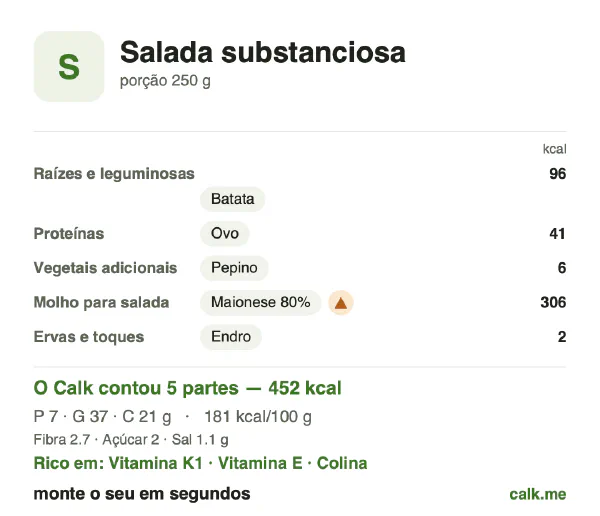 Cartão do Calk para a versão mais calórica de Salada substanciosa: 181 kcal por 100 g, proteína/gordura/carboidratos 6/74/19