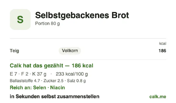 Calk-Karte für die kalorienärmere Variante von Selbstgebackenes Brot: 233 kcal pro 100 g, Eiweiß/Fett/Kohlenhydrate 14/9/76