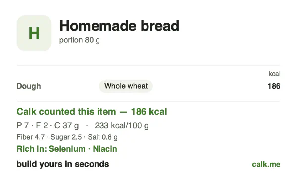 Lower calorie Calk card for Homemade bread: 233 kcal per 100 g, protein/fat/carbs 14/9/76