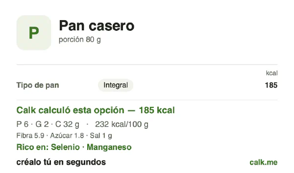 Tarjeta de Calk, versión menos calórica de Pan casero: 232 kcal por 100 g, proteínas/grasas/carbohidratos 14/12/74