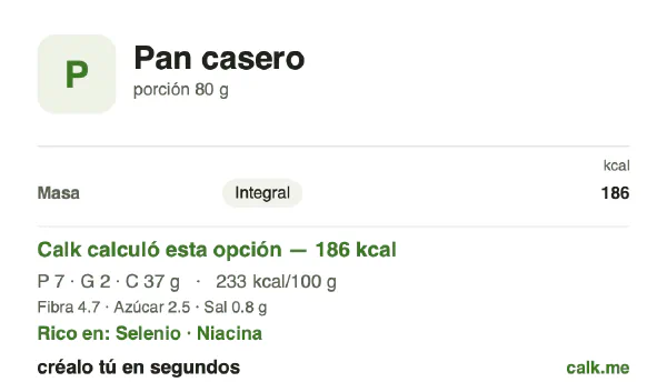 Tarjeta de Calk, versión menos calórica de Pan casero: 233 kcal por 100 g, proteínas/grasas/carbohidratos 14/9/76