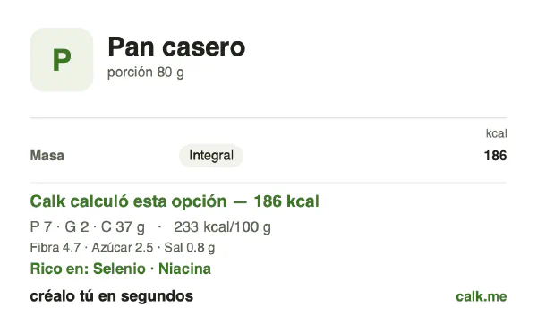 Tarjeta de Calk, versión menos calórica de Pan casero: 233 kcal por 100 g, proteínas/grasas/carbohidratos 14/9/76