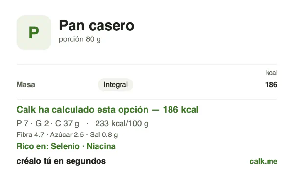 Ficha de Calk, versión menos calórica de Pan casero: 233 kcal por 100 g, proteínas/grasas/hidratos 14/9/76