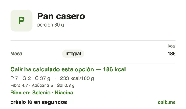 Ficha de Calk, versión menos calórica de Pan casero: 233 kcal por 100 g, proteínas/grasas/hidratos 14/9/76