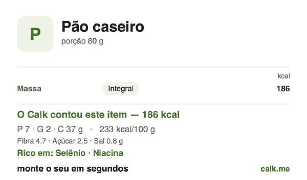 Cartão do Calk para a versão menos calórica de Pão caseiro: 233 kcal por 100 g, proteína/gordura/carboidratos 14/9/76