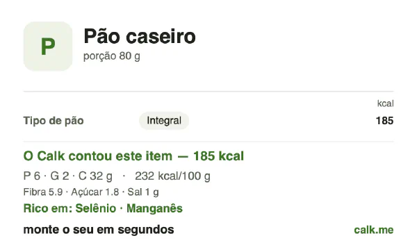 Cartão do Calk para a versão menos calórica de Pão caseiro: 232 kcal por 100 g, proteína/gordura/carboidratos 14/12/74