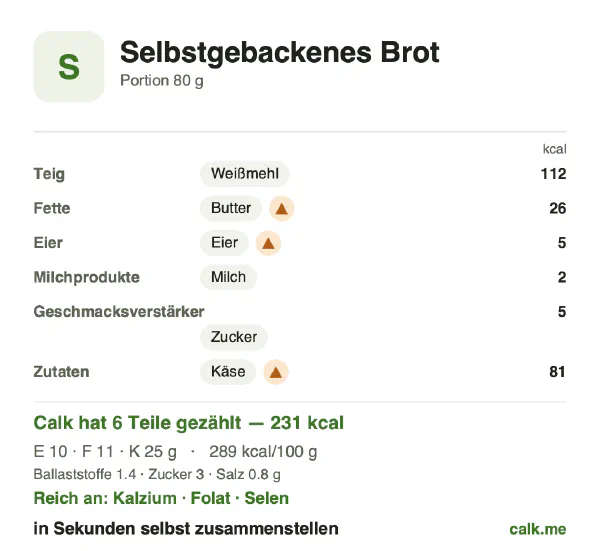 Calk-Karte für die kalorienreichere Variante von Selbstgebackenes Brot: 289 kcal pro 100 g, Eiweiß/Fett/Kohlenhydrate 17/41/42