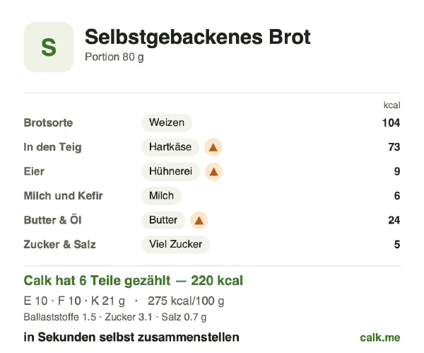 Calk-Karte für die kalorienreichere Variante von Selbstgebackenes Brot: 275 kcal pro 100 g, Eiweiß/Fett/Kohlenhydrate 18/43/39