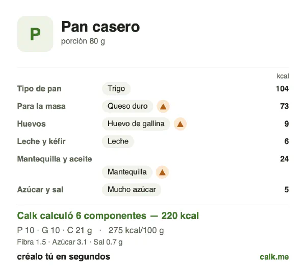 Tarjeta de Calk, versión más calórica de Pan casero: 275 kcal por 100 g, proteínas/grasas/carbohidratos 18/43/39