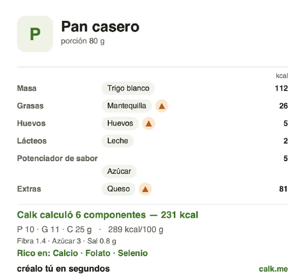 Tarjeta de Calk, versión más calórica de Pan casero: 289 kcal por 100 g, proteínas/grasas/carbohidratos 17/41/42