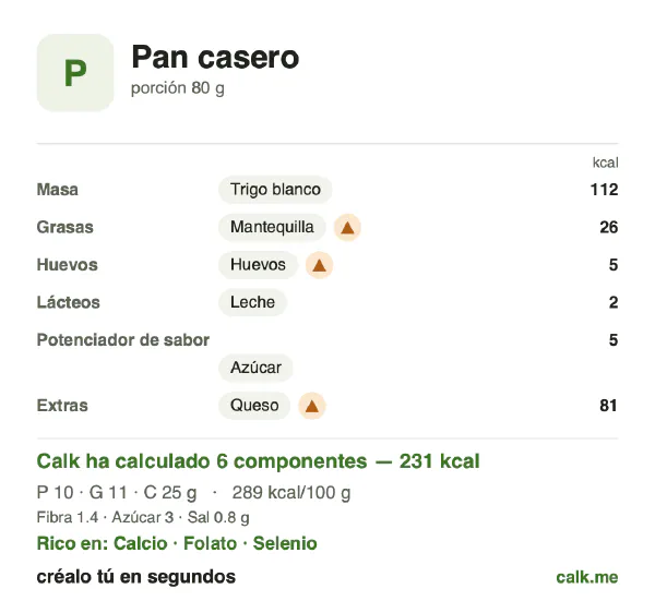 Ficha de Calk, versión más calórica de Pan casero: 289 kcal por 100 g, proteínas/grasas/hidratos 17/41/42