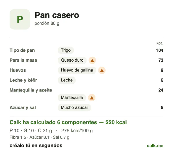 Ficha de Calk, versión más calórica de Pan casero: 275 kcal por 100 g, proteínas/grasas/hidratos 18/43/39