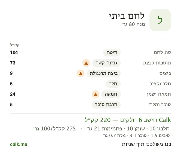 לחם ביתי ב־Calk, עם יותר קלוריות: 275 קק״ל ל־100 גרם, חלבון/שומן/פחמימות 18/43/39
