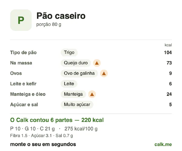 Cartão do Calk para a versão mais calórica de Pão caseiro: 275 kcal por 100 g, proteína/gordura/carboidratos 18/43/39