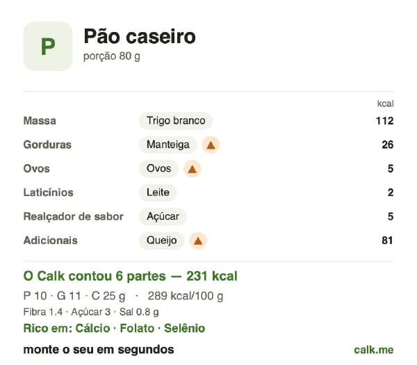 Cartão do Calk para a versão mais calórica de Pão caseiro: 289 kcal por 100 g, proteína/gordura/carboidratos 17/41/42