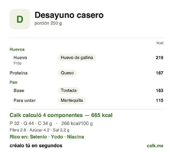 Tarjeta de Calk, versión más calórica de Desayuno casero: 266 kcal por 100 g, proteínas/grasas/carbohidratos 19/60/21