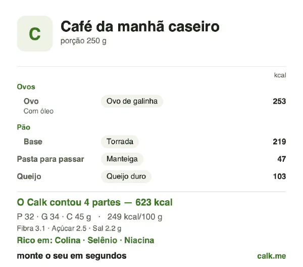 Cartão do Calk para a versão mais calórica de Café da manhã caseiro: 249 kcal por 100 g, proteína/gordura/carboidratos 21/50/29