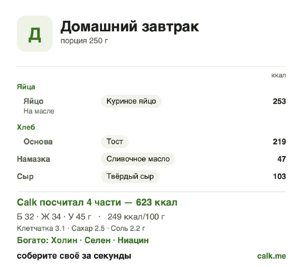 Карточка «Домашний завтрак» в Calk — более калорийный вариант: 249 ккал на 100 г, белки/жиры/углеводы 21/50/29