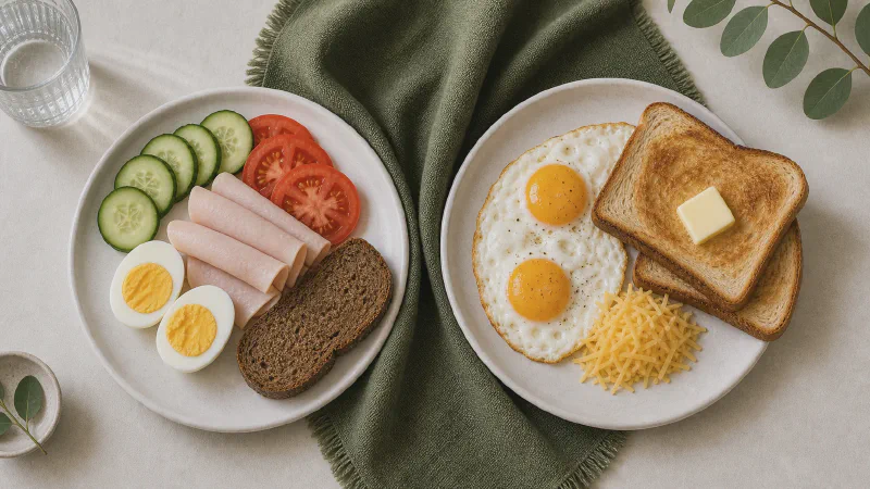 Egg breakfast plate: lower- and higher-calorie Calk versions side by side