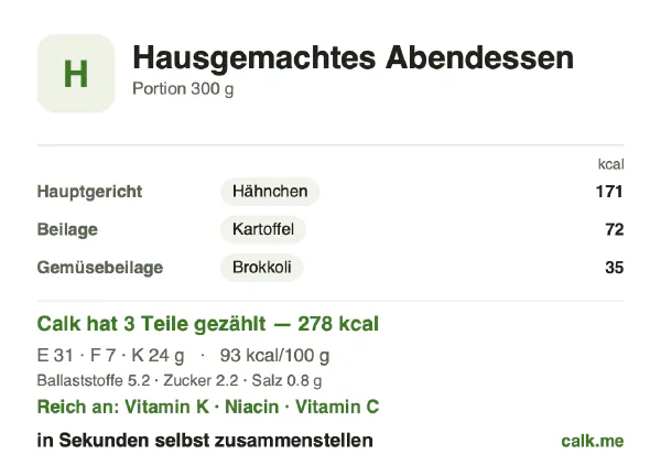 Calk-Karte für die kalorienärmere Variante von Hausgemachtes Abendessen: 93 kcal pro 100 g, Eiweiß/Fett/Kohlenhydrate 43/23/34