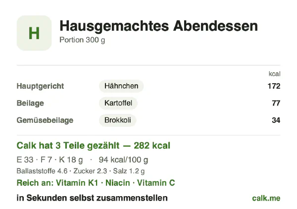 Calk-Karte für die kalorienärmere Variante von Hausgemachtes Abendessen: 94 kcal pro 100 g, Eiweiß/Fett/Kohlenhydrate 49/24/27