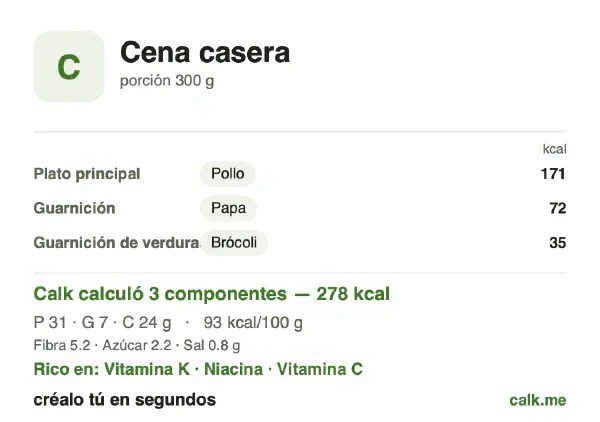 Tarjeta de Calk, versión menos calórica de Cena casera: 93 kcal por 100 g, proteínas/grasas/carbohidratos 43/23/34