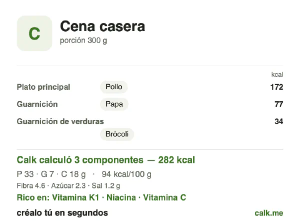 Tarjeta de Calk, versión menos calórica de Cena casera: 94 kcal por 100 g, proteínas/grasas/carbohidratos 49/24/27