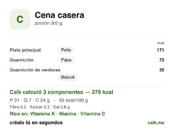 Tarjeta de Calk, versión menos calórica de Cena casera: 93 kcal por 100 g, proteínas/grasas/carbohidratos 43/23/34